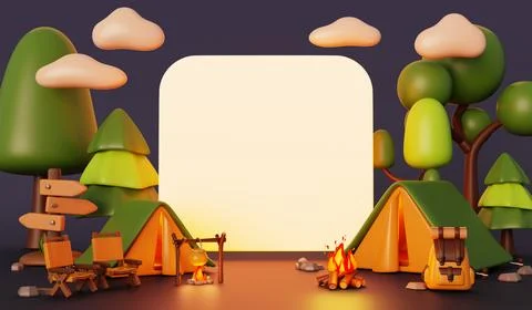 3d night camp in forest with blank white square banner. Cartoon render landscape Illustrazione stock