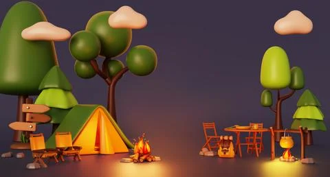 3d night camp in forest with campfire, tent, backpack. Render cartoon landscape Stock Illustration