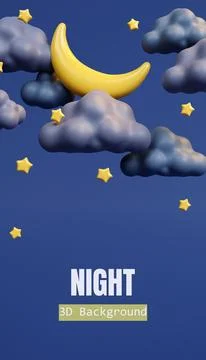 3d night. fluffy clouds with moon and star on dark background . 3d rendering Stock Illustration