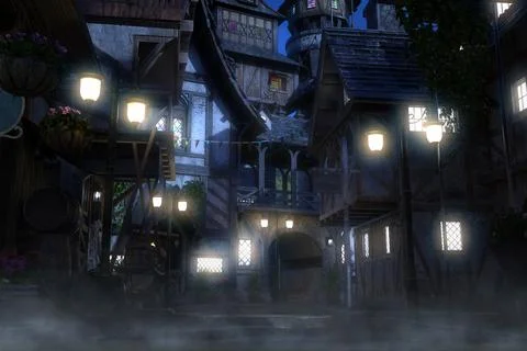 3D Night Medieval Town with Lit Street Lamps Ilustración de archivo