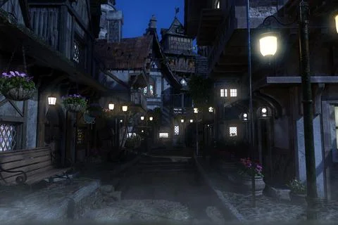 3D Night Medieval Town with Lit Street Lamps Stock Illustration