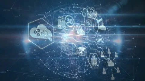 3D node globe rotating in digital network scene, featuring hexagon icons with Video stock 307884959