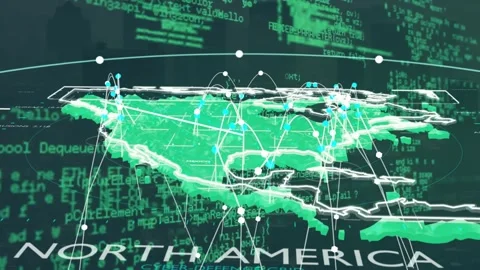 3D North America map appearing inside HUD, nodes pulsing, arcs tracing data, Stock Footage 337905035