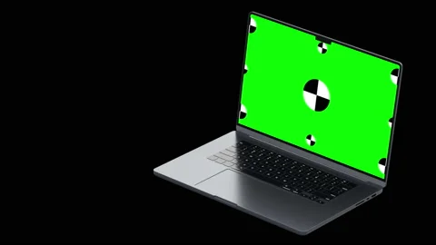 3D notebook laptop computer working green screen display Isolated on black Stock Footage 171381981