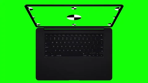 3D notebook laptop computer working green screen display Isolated on green Stock Footage 220717924