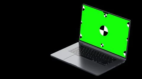 3D notebook laptop computer working green screen display Isolated on black Stock Illustration