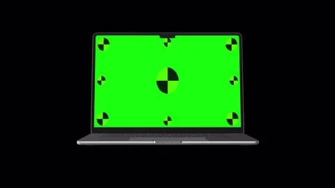 3D notebook laptop computer working green screen display Isolated on black .. Stock Photos