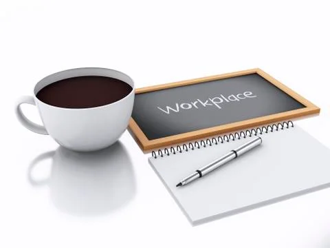 3d notepad and cup of coffee. workplace concept on white background Ilustração Stock