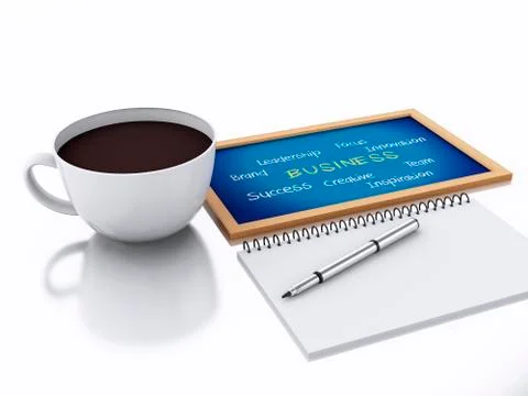 3d notepad and cup of coffee. workplace concept on white background Ilustração Stock