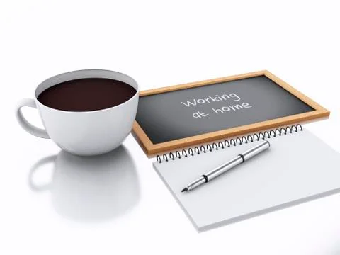 3d notepad and cup of coffee. working at home concept on white background Ilustração Stock