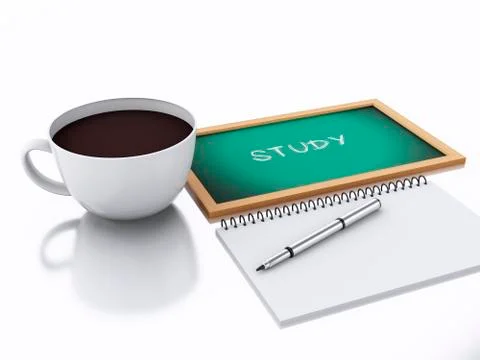 3d notepad and cup of coffee. study concept on white background Ilustração Stock
