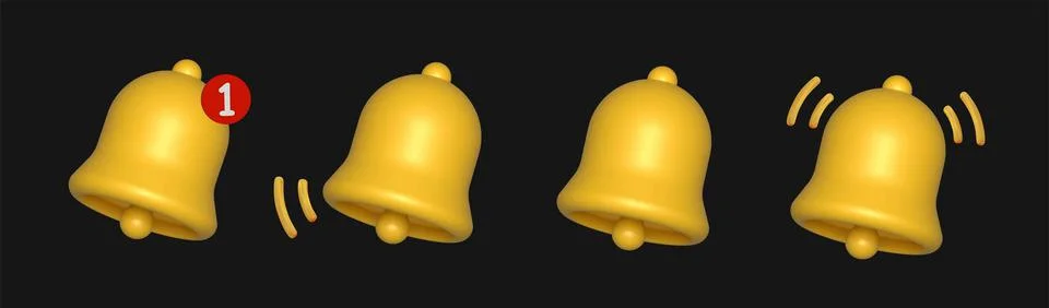3d notification bell icon set isolated on black background. Illustrazione stock