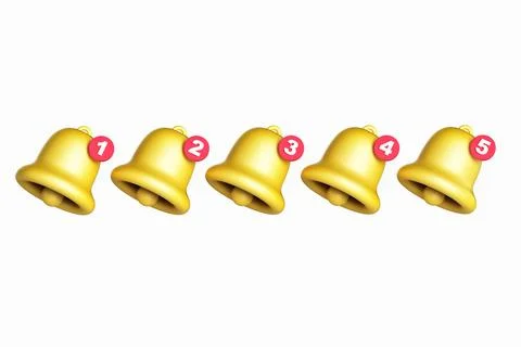 3d notification bell icon set isolated on white background. 3d render yellow  Stock Illustration