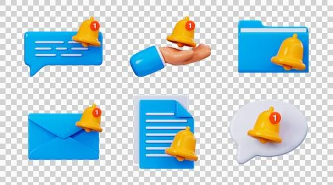 3D Notification Bell Pack, Email, File, Chat, System Alerts Stock Illustration