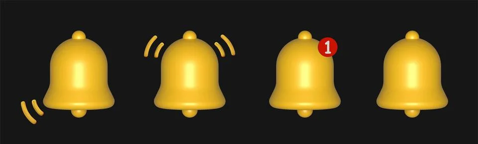 3d notification bells front view set isolated on black background. 3d render. Illustrazione stock