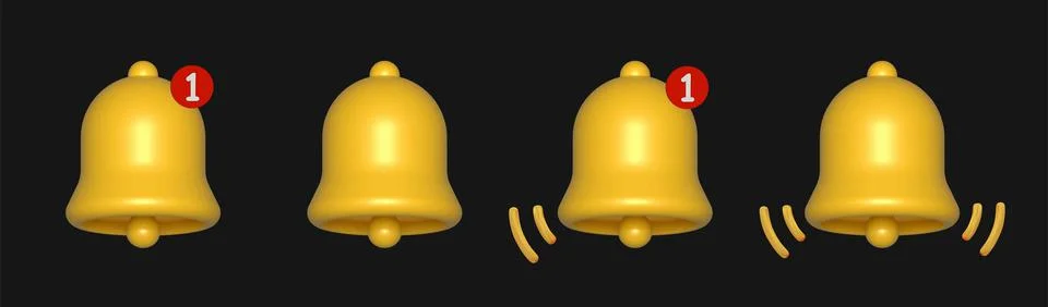 3d notification bells front view set isolated on black background. Stock Illustration