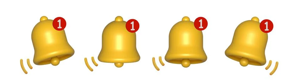 3d notification bells front view set isolated on white background. 3d render. Stock Illustration