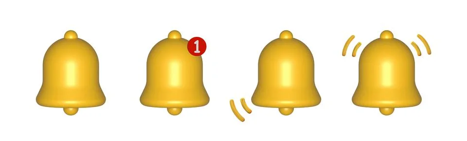 3d notification bells front view set isolated on white background. 3d render. Illustrazione stock