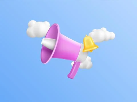 3D notification. Hiring speaker work. Loudspeaker and bell. Newsletter attention Illustrazione stock