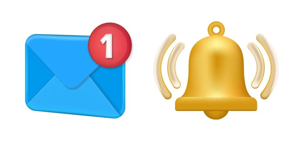 3d notification icon set with bell and mail symbols vector emoji illustration Stock Illustration