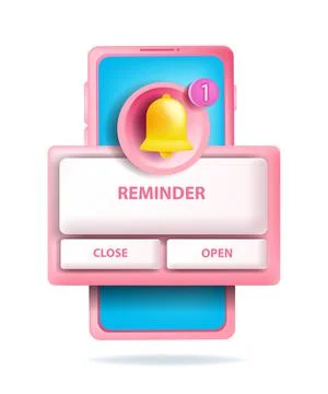 3D notification reminder, vector alarm bell, smartphone screen, UI mobile app Stock Illustration