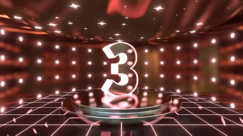 3D Number Three on Rotating Platform with Illuminated Stage and Starfield Stock Footage 305970246