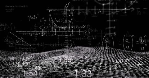 3D numeric plane emerging from void, undulating as math formulas sliding in to Stock Footage 311603587