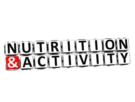 3d nutrition and activity button click here block text Stock Illustration