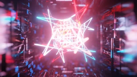 3d object or structure rotates and moves inside glass mirror tunnel with neon Stock Footage 186788933