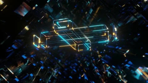 3d object or structure rotates and moves inside glass mirror tunnel with neon Stock Footage 195958207