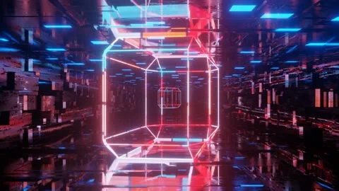 3d object or structure rotates and moves inside glass mirror tunnel with neon Stock Footage 195958232
