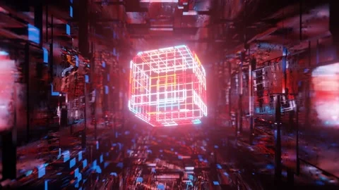 3d object or structure rotates and moves inside glass mirror tunnel with neon Video stock 201218010