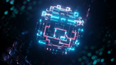3d object or structure rotates and moves inside glass mirror tunnel with neon Stock Footage 280461848