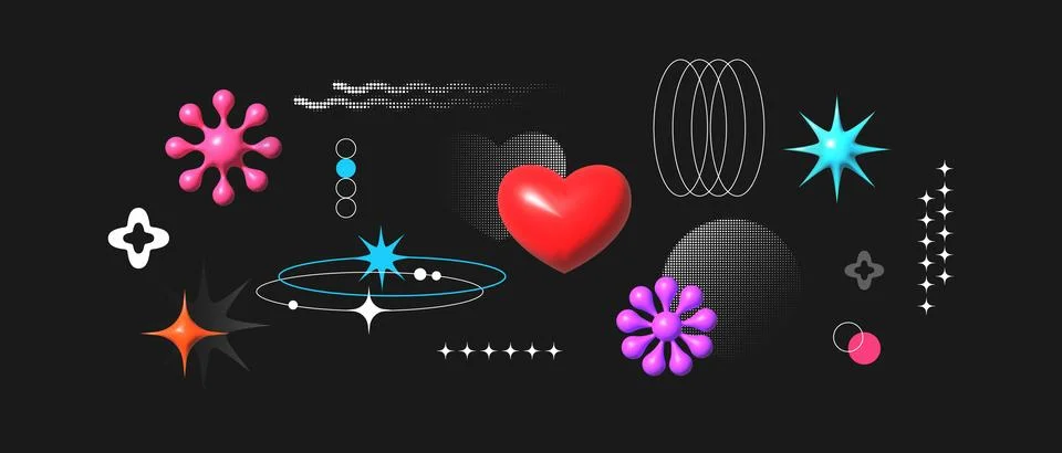 3D objects. Abstract shapes composition. Glossy plastic icon. Halftone dots or Stock Illustration