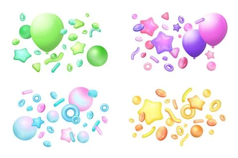 3D objects and festive decoration of different colors, flying birthday party Stock Illustration