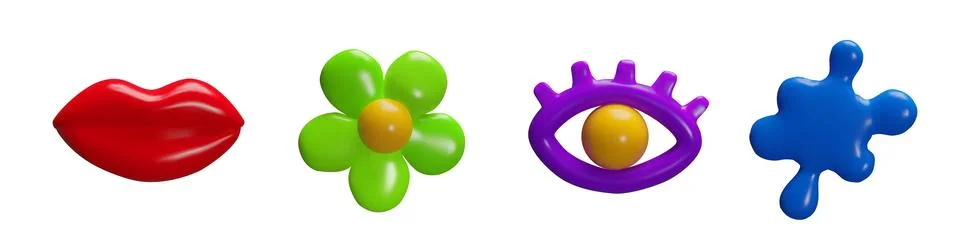 3D objects: red lips, green flower, purple eye, blue blot. Abstract shapes for 스톡 일러스트