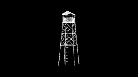 3D observation tower on black bg. Object dissolved white flickering particl.. Ilustração Stock