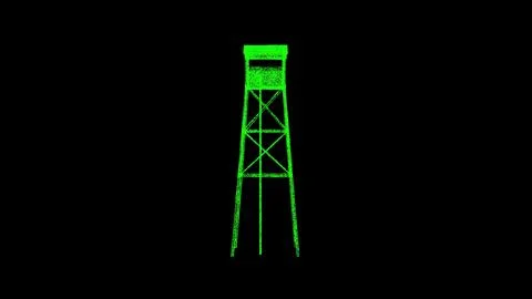 3D observation tower on black bg. Object dissolved green flickering particles Stock-Illustration