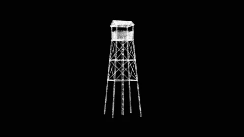 3D observation tower rotates on black bg. Object dissolved white flickering Stock Footage 235945516