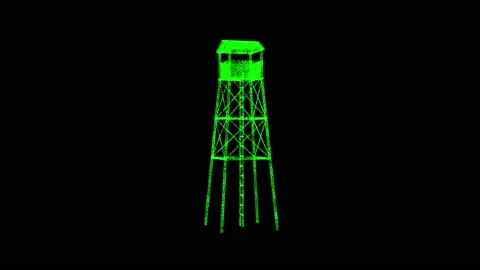 3D observation tower rotates on black bg. Object dissolved green flickering Video stock 235945551