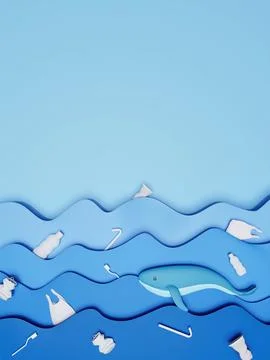 3d ocean with whale and garbage. The problem of plastic waste in the ocean. 3d Stock Illustration