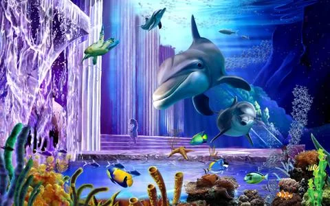 3d oceanic background, dolphins, turtle, fish, coral Stock Illustration
