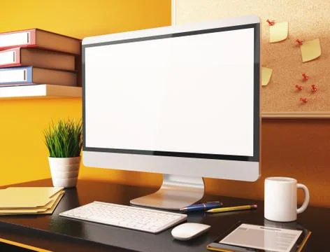3D Office with blank computer screen. Mockup Stock Illustration