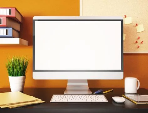 3D Office with blank computer screen. Mockup Stock Illustration