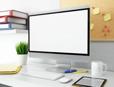 3D Office with blank computer screen. Mockup Stock Illustration