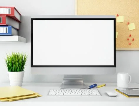 3D Office with blank computer screen. Mockup Stock Illustration