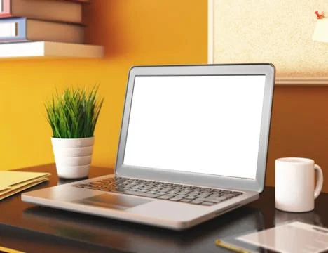 3D Office with blank laptop screen. Mockup Stock Illustration
