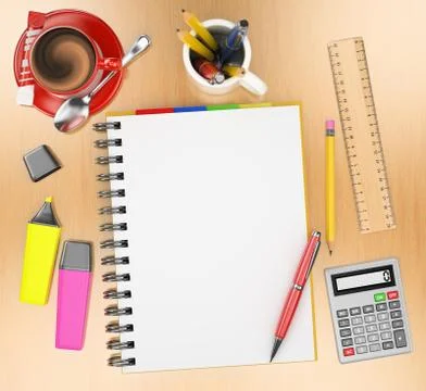 3D Office desktop. Top view Stock Illustration