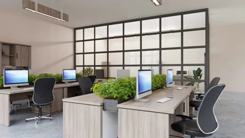 3D office interior, work place, computers, tables and cabinets. Recreation area 库存影片 237360959