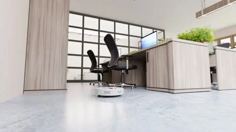 3D office interior, work place, computers, tables and cabinets. robot vacuum Video stock 237360968